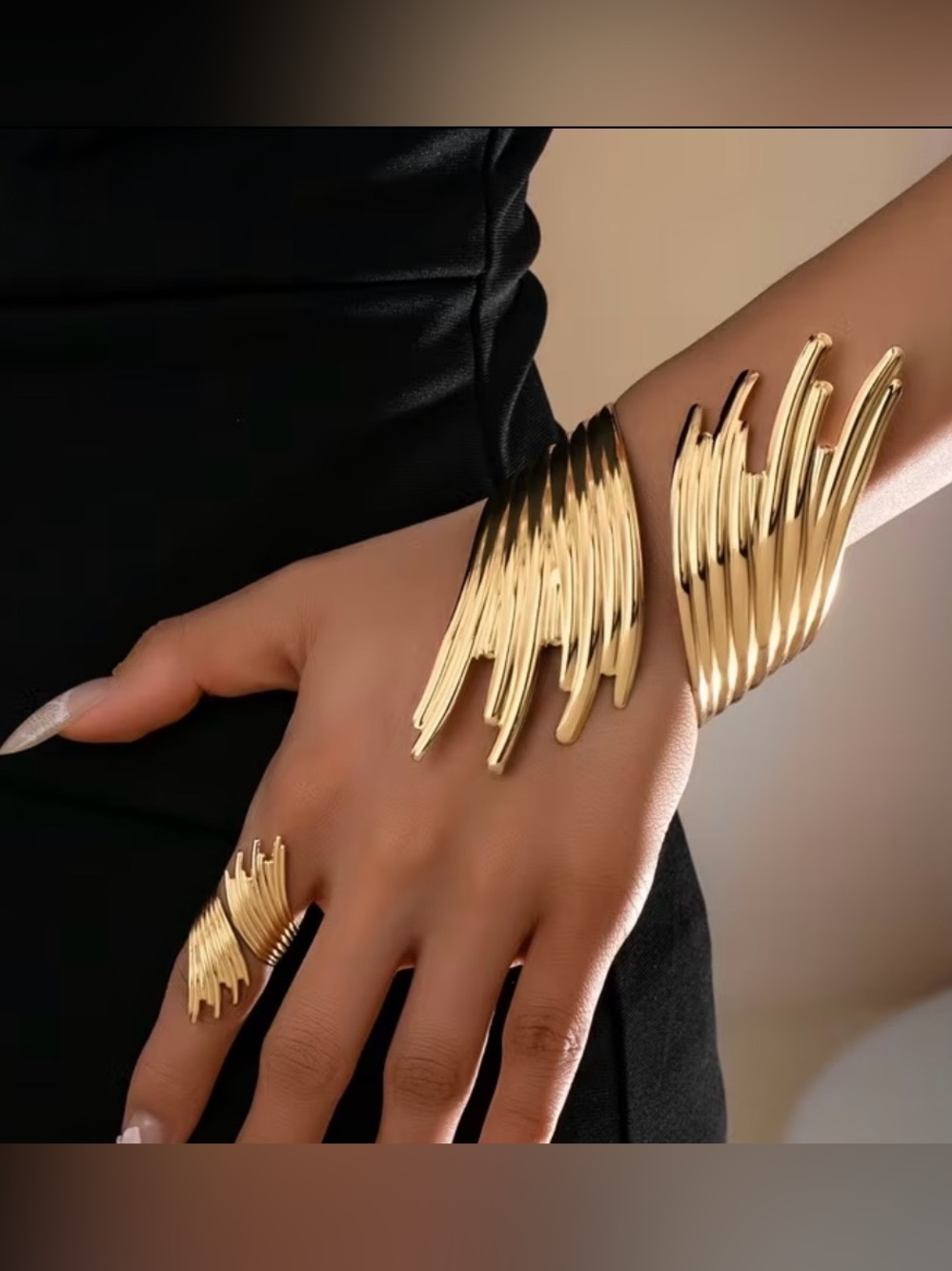 Elegant Gold  or Silver Wave Cuff Bracelet & Ring Set - Women Jewelry